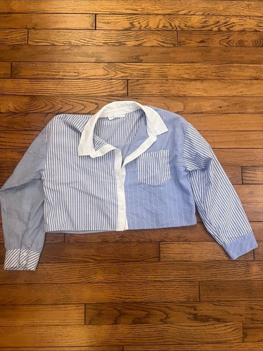 Zara Blue & White Striped Cropped Button-Down Shirt